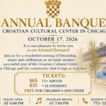 Official poster for the Croatian Cultural Center in Chicago Annual Banquet on October 17, 2026, featuring the Croatian coat of arms and event details.