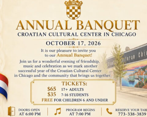 Official poster for the Croatian Cultural Center in Chicago Annual Banquet on October 17, 2026, featuring the Croatian coat of arms and event details.
