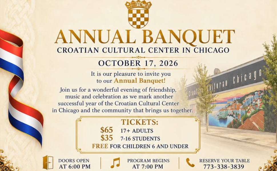 Official poster for the Croatian Cultural Center in Chicago Annual Banquet on October 17, 2026, featuring the Croatian coat of arms and event details.