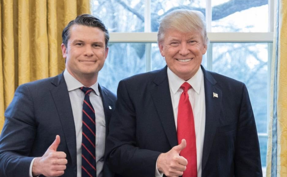 U.S. Defense Secretary Pete Hegseth and President Donald Trump posing together and giving thumbs-up gestures.