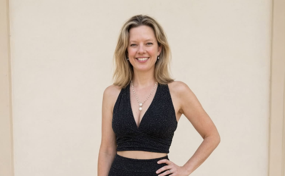 Portrait of Dr Hannah Cain wearing a black outfit and pearl necklace.
