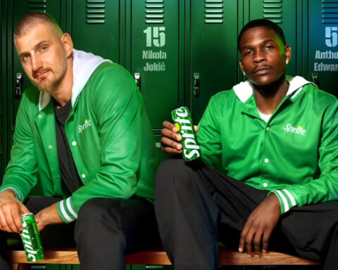 Nikola Jokic and Anthony Edwards wearing green Sprite jackets during the brand's global NBA campaign.
