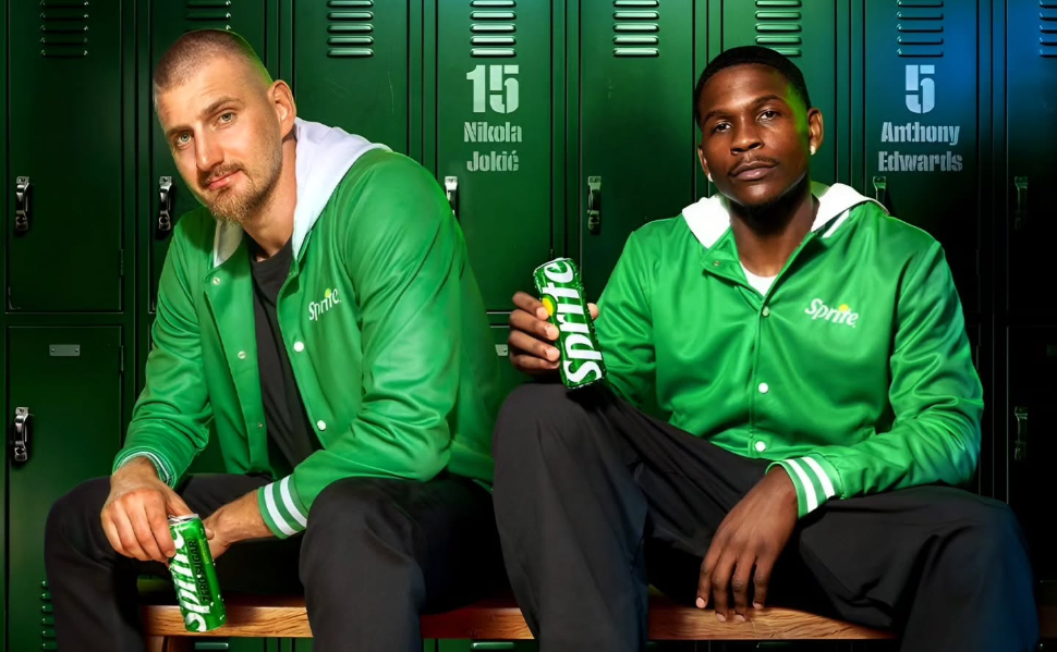 Nikola Jokic and Anthony Edwards wearing green Sprite jackets during the brand's global NBA campaign.