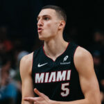 Nikola Jovic wearing the Miami Heat jersey during an NBA basketball game.
