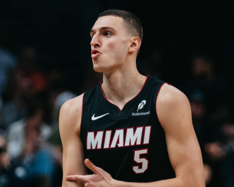 Nikola Jovic wearing the Miami Heat jersey during an NBA basketball game.