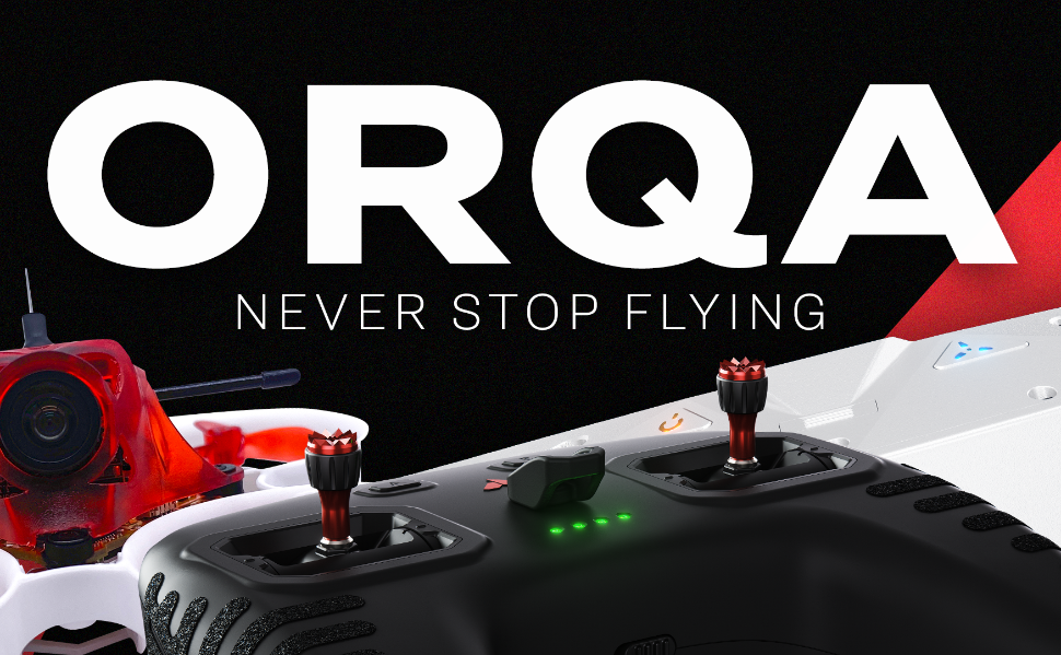Orqa drone technology and remote control equipment displayed in an official company promotional image.