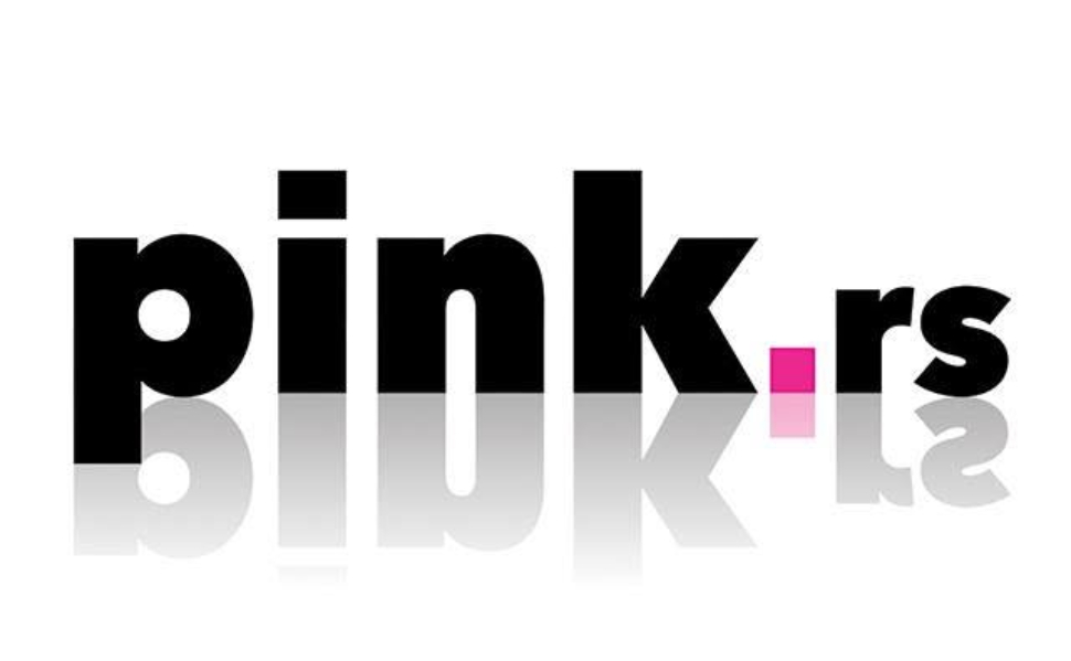 Pink.rs logo featuring black lettering, a pink square and a reflection effect on a white background.