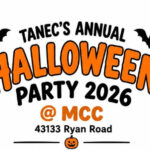 Official poster for Tanec's Annual Halloween Party 2026 at the Macedonian Cultural Center, 43133 Ryan Road, Michigan.