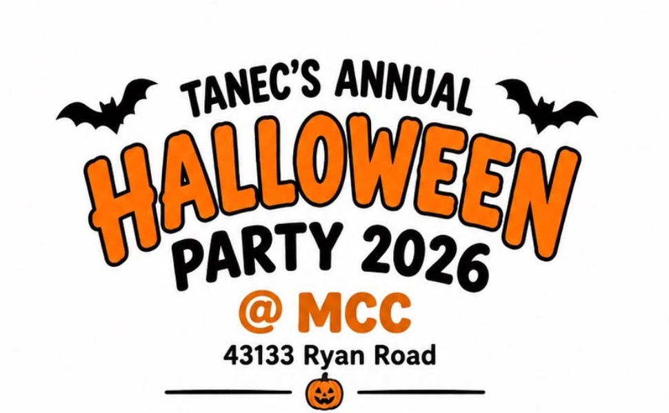 Official poster for Tanec's Annual Halloween Party 2026 at the Macedonian Cultural Center, 43133 Ryan Road, Michigan.