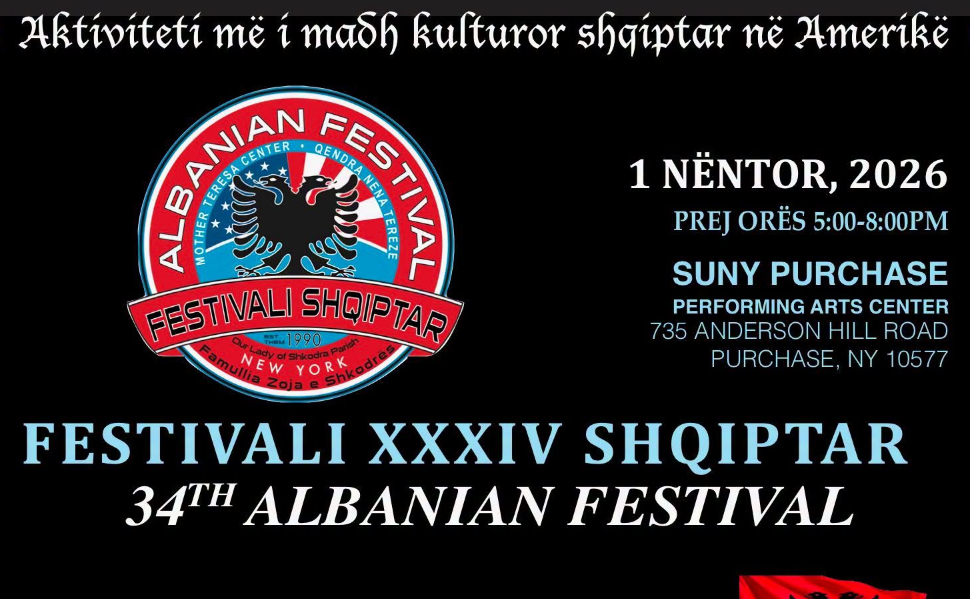 Official poster for the 34th Annual Albanian Festival on November 1, 2026, at SUNY Purchase in New York.