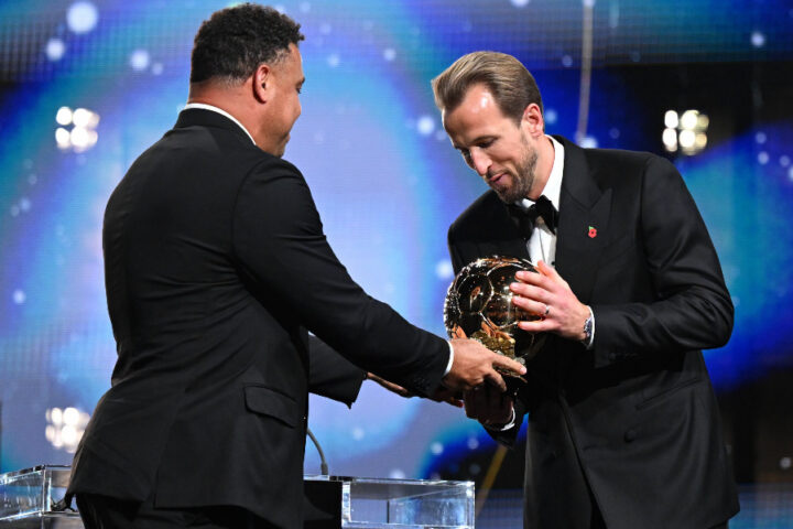 Harry Kane receiving the Ballon d'Or trophy during the 2026 awards ceremony.