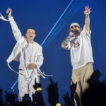 Macedonian musicians Jovan Jovanov and Toni Zen performing together on stage during a concert in Skopje.