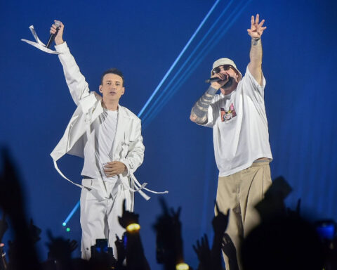 Macedonian musicians Jovan Jovanov and Toni Zen performing together on stage during a concert in Skopje.
