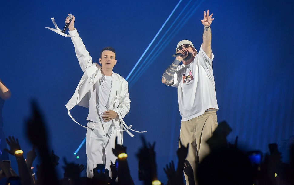 Macedonian musicians Jovan Jovanov and Toni Zen performing together on stage during a concert in Skopje.