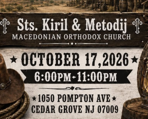 Wild West-themed event poster for Tricky Tray 2026 at Sts. Kiril and Metodij Macedonian Orthodox Church in Cedar Grove, New Jersey.