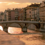 Latin Bridge over the Miljacka River in Sarajevo, Bosnia and Herzegovina, at sunset.