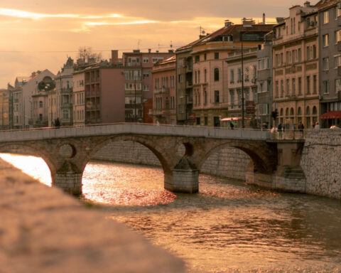 Latin Bridge over the Miljacka River in Sarajevo, Bosnia and Herzegovina, at sunset.