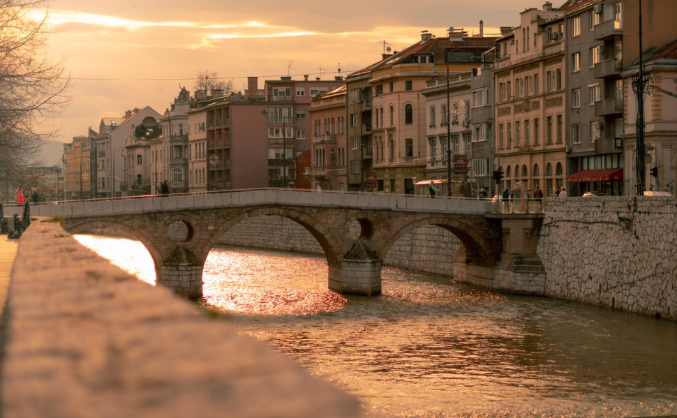 Latin Bridge over the Miljacka River in Sarajevo, Bosnia and Herzegovina, at sunset.