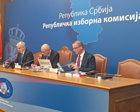 Officials of Serbia's Republic Electoral Commission attending an official commission meeting