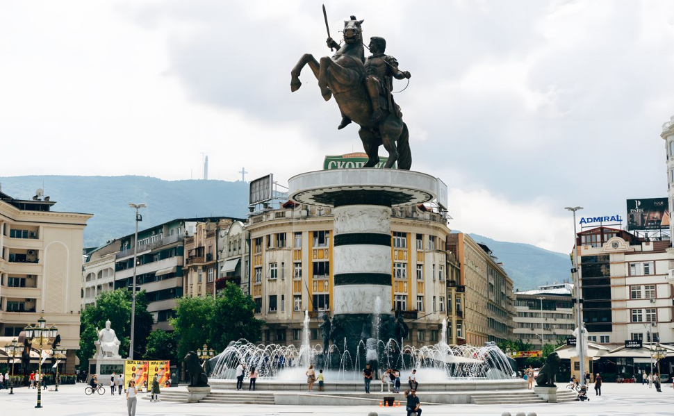 Macedonia Square in Skopje, Macedonia, with the Warrior on a Horse monument, fountains and buildings in the city center.